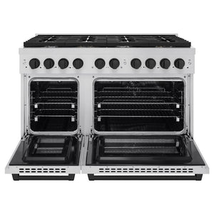 ZLINE Autograph Edition 48 in. 6.7 cu. ft. Paramount Double Oven Dual Fuel Range with 8 Burner Gas Cooktop in Stainless Steel and Matte Black Accents (SDRZ-48-MB) front, open.