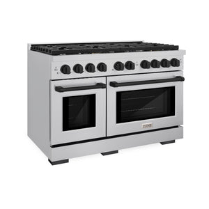 ZLINE Autograph Edition 48 in. 6.7 cu. ft. Paramount Double Oven Dual Fuel Range with 8 Burner Gas Cooktop in Stainless Steel and Matte Black Accents (SDRZ-48-MB) side, oven closed.