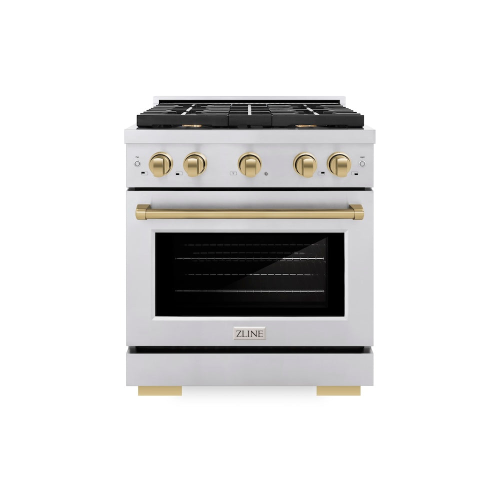 ZLINE Autograph Edition 30 in. 4.2 cu. ft. Paramount Gas Range with 4 Burner Cooktop and Convection Gas Oven in Stainless Steel and Champagne Bronze Accents (SGRZ-30-CB) front.