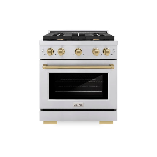 ZLINE Autograph Edition 30 in. 4.2 cu. ft. Paramount Gas Range with 4 Burner Cooktop and Convection Gas Oven in Stainless Steel and Champagne Bronze Accents (SGRZ-30-CB) front.