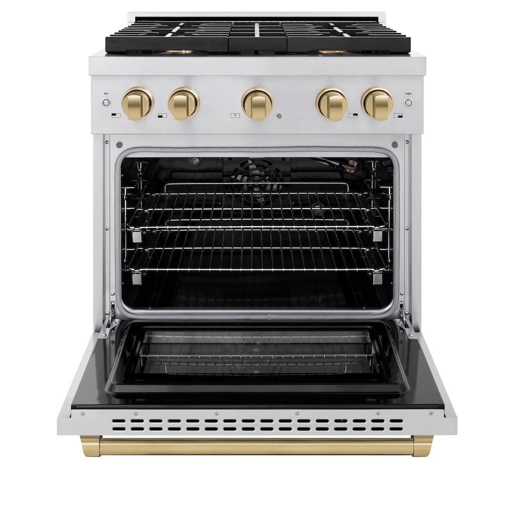 ZLINE Autograph Edition 30 in. 4.2 cu. ft. 4 Burner Gas Range with Convection Gas Oven in Stainless Steel and Champagne Bronze Accents (SGRZ-30-CB) front, oven open.