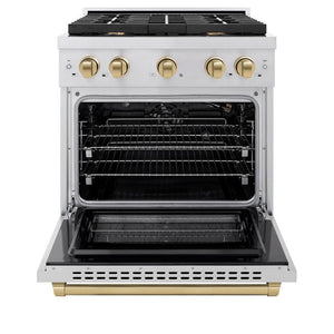 ZLINE Autograph Edition 30 in. 4.2 cu. ft. Paramount Gas Range with 4 Burner Cooktop and Convection Gas Oven in Stainless Steel and Champagne Bronze Accents (SGRZ-30-CB) front, open.
