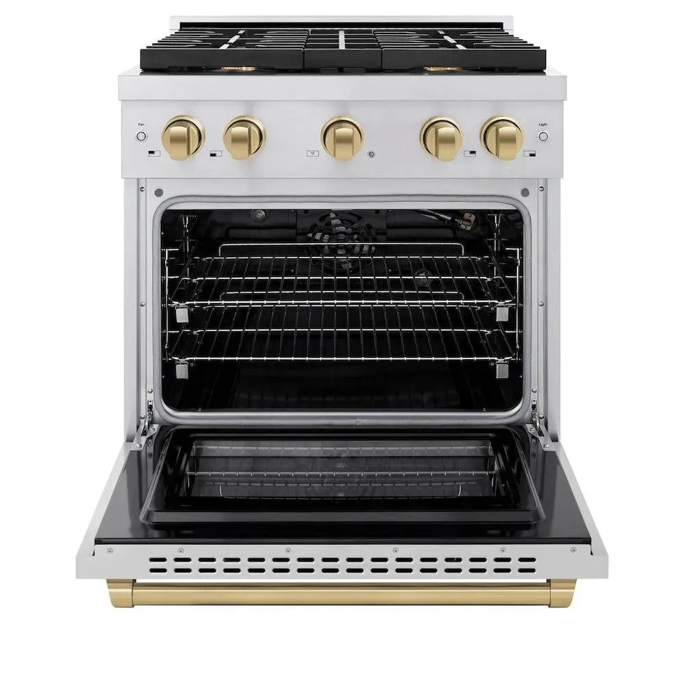 ZLINE Autograph Edition 30 in. 4.2 cu. ft. Paramount Gas Range with 4 Burner Cooktop and Convection Gas Oven in Stainless Steel and Champagne Bronze Accents (SGRZ-30-CB) front, open.