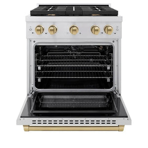 ZLINE Autograph Edition 30 in. 4.2 cu. ft. Paramount Gas Range with 4 Burner Cooktop and Convection Gas Oven in Stainless Steel and Champagne Bronze Accents (SGRZ-30-CB) front, open.