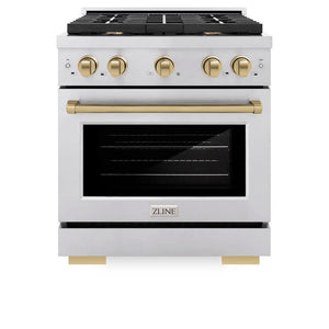 ZLINE Autograph Edition 30 in. 4.2 cu. ft. Paramount Gas Range with 4 Burner Cooktop and Convection Gas Oven in Stainless Steel and Champagne Bronze Accents (SGRZ-30-CB) front, oven closed.