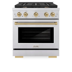 ZLINE Autograph Edition 30 in. 4.2 cu. ft. 4 Burner Gas Range with Convection Gas Oven in Stainless Steel and Champagne Bronze Accents (SGRZ-30-CB) front, oven closed.