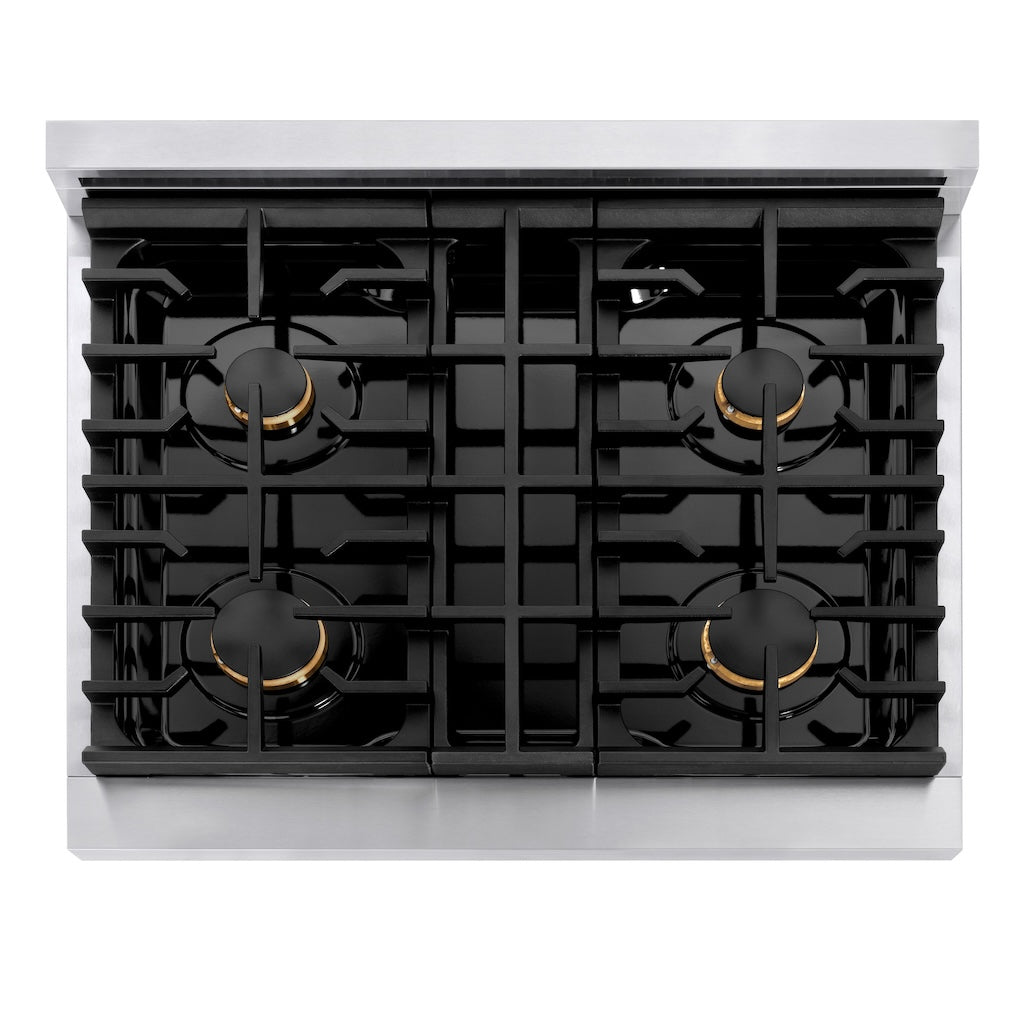 ZLINE Autograph Edition 30 in. 4.2 cu. ft. 4 Burner Gas Range with Convection Gas Oven in Stainless Steel and Polished Gold Accents (SGRZ-30-G) from above, showing gas burners, black porcelain cooktop, and cast-iron grates.
