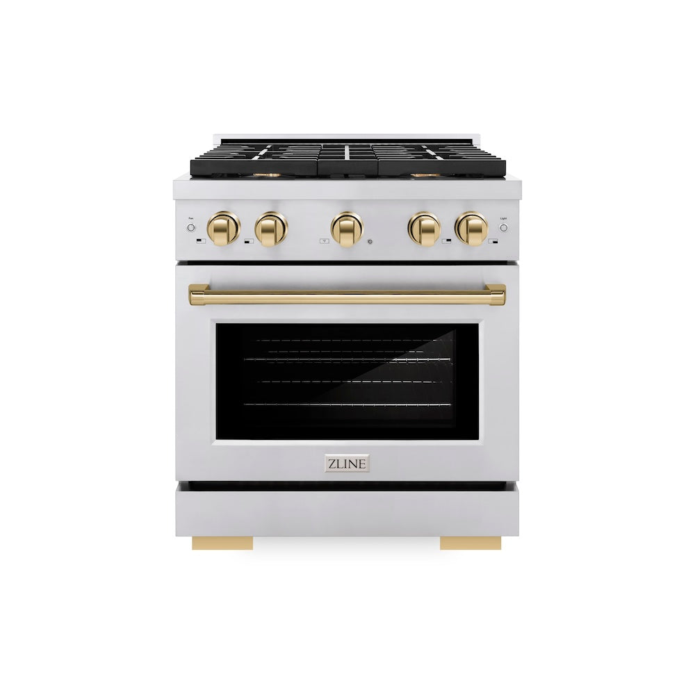 ZLINE Autograph Edition 30 in. 4.2 cu. ft. Paramount Gas Range with 4 Burner Cooktop and Convection Gas Oven in Stainless Steel and Polished Gold Accents (SGRZ-30-G) front.