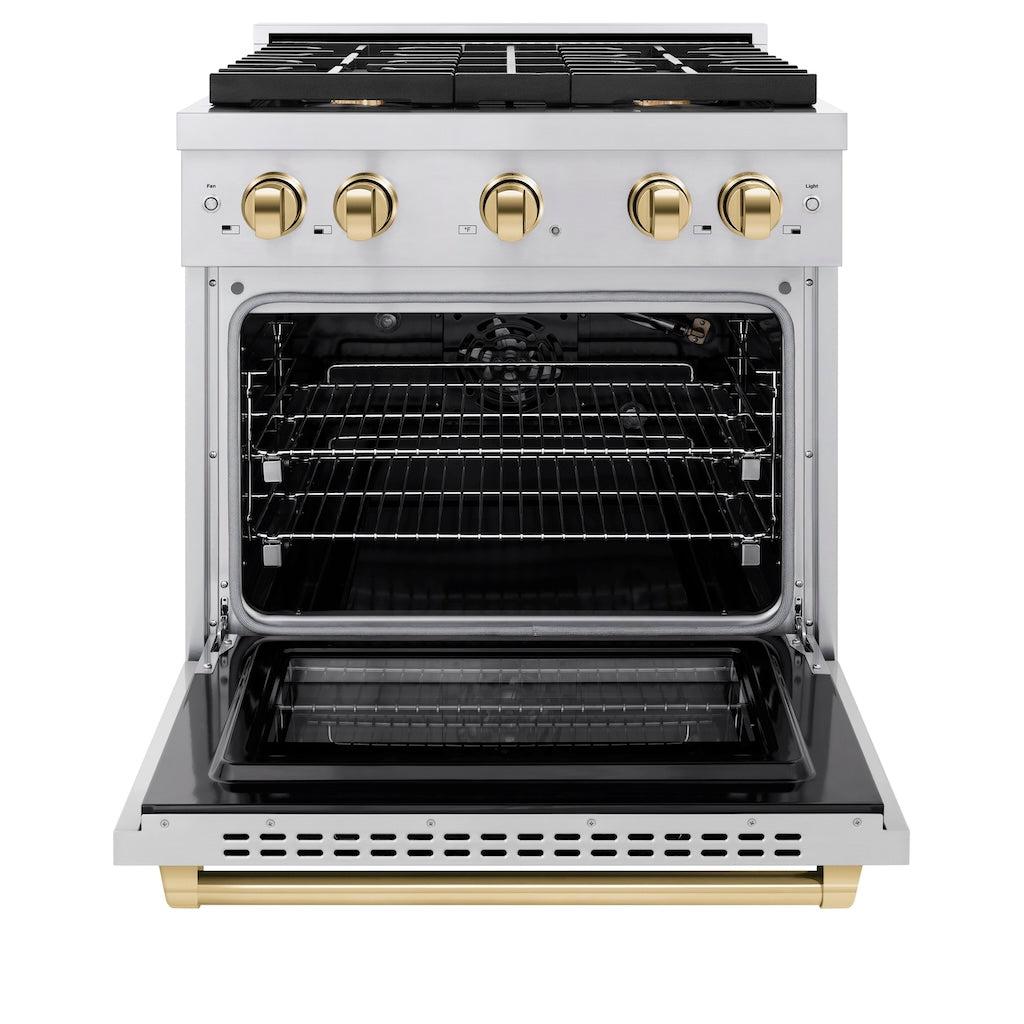 ZLINE Autograph Edition 30 in. 4.2 cu. ft. 4 Burner Gas Range with Convection Gas Oven in Stainless Steel and Polished Gold Accents (SGRZ-30-G) front, with oven open.