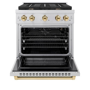ZLINE Autograph Edition 30 in. 4.2 cu. ft. Paramount Gas Range with 4 Burner Cooktop and Convection Gas Oven in Stainless Steel and Polished Gold Accents (SGRZ-30-G) front, open.