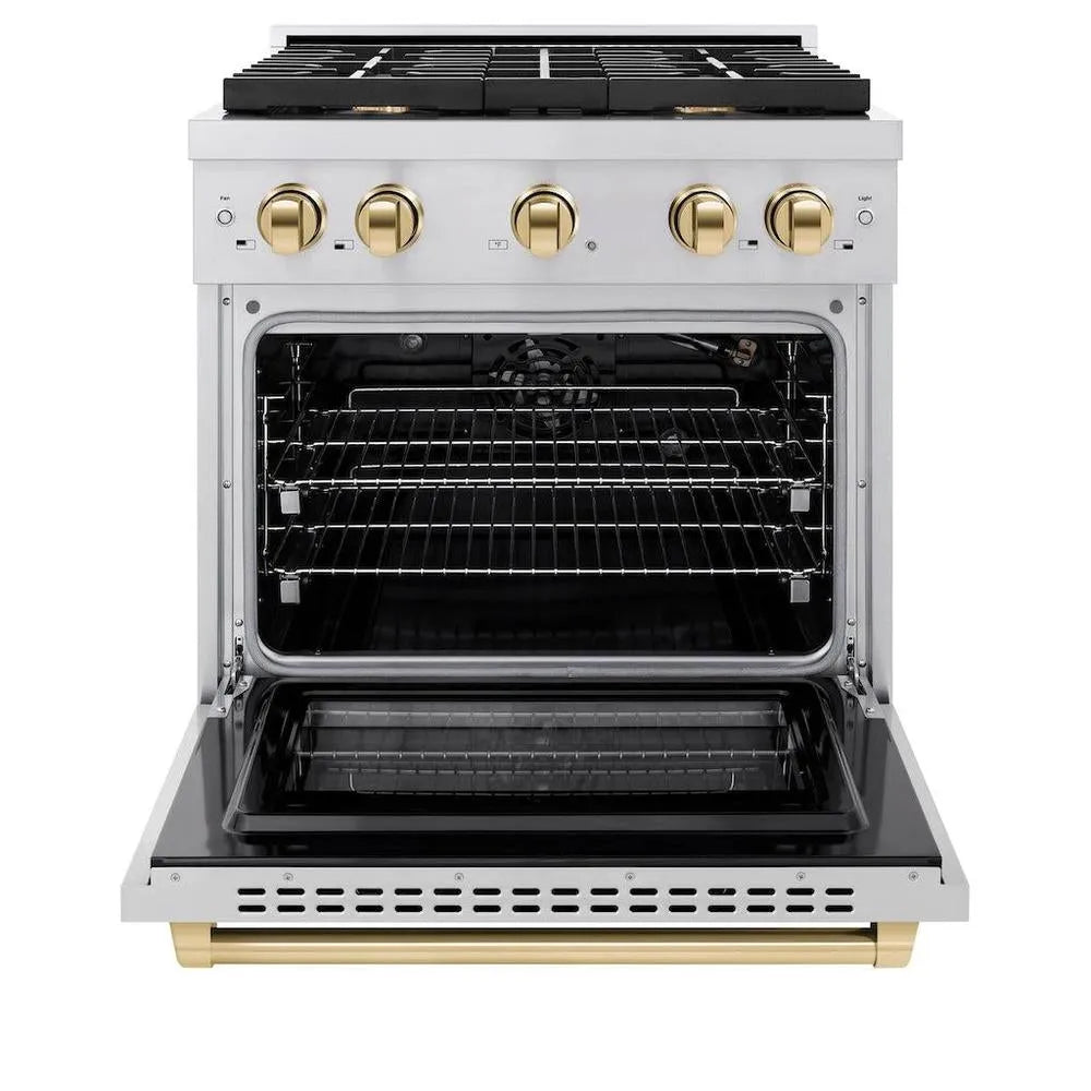 ZLINE Autograph Edition 30 in. 4.2 cu. ft. Paramount Gas Range with 4 Burner Cooktop and Convection Gas Oven in Stainless Steel and Polished Gold Accents (SGRZ-30-G) front, open.