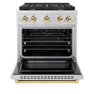 ZLINE Autograph Edition 30 in. 4.2 cu. ft. 4 Burner Gas Range with Convection Gas Oven in Stainless Steel and Polished Gold Accents (SGRZ-30-G) front, oven open.