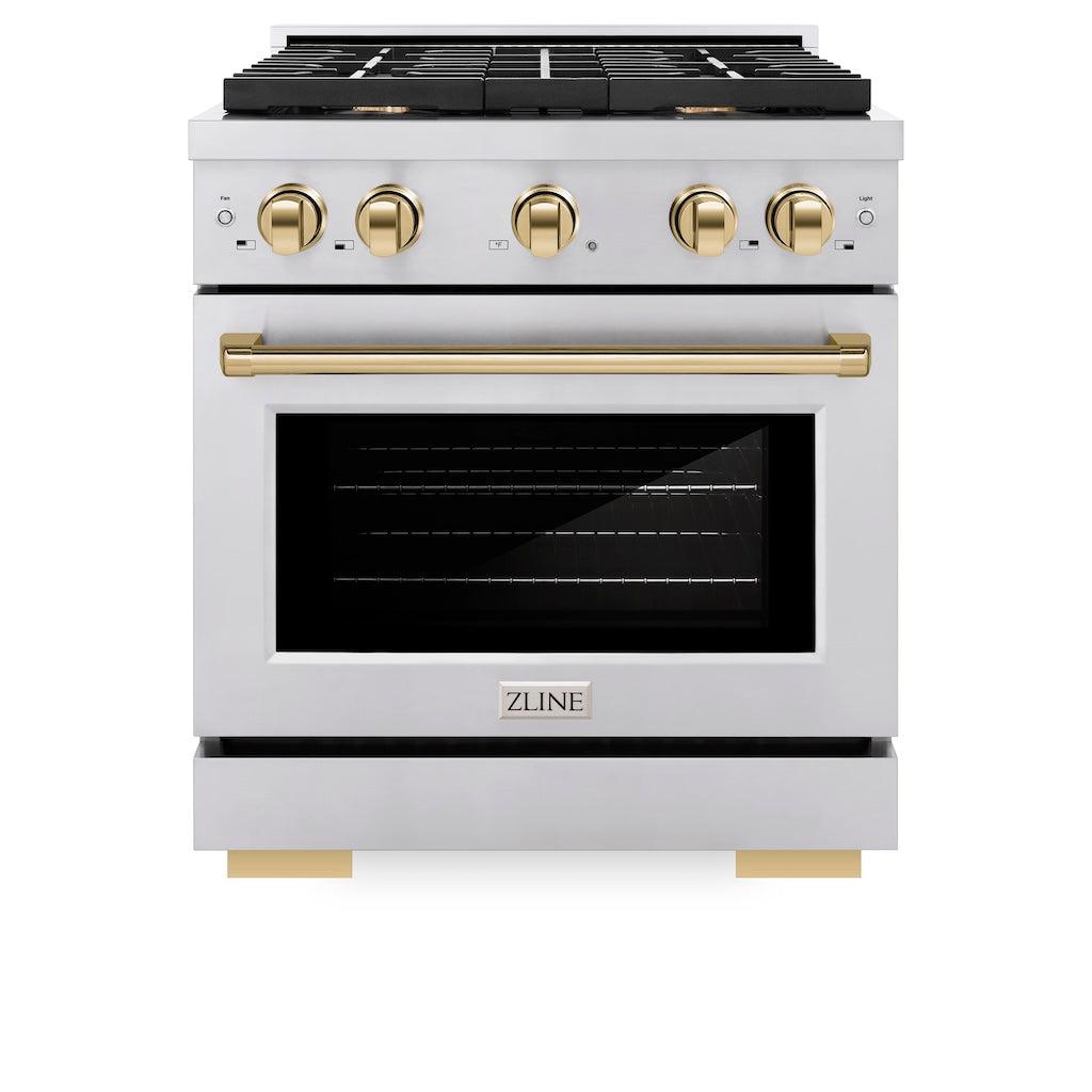 ZLINE Autograph Edition 30 in. 4.2 cu. ft. 4 Burner Gas Range with Convection Gas Oven in Stainless Steel and Polished Gold Accents (SGRZ-30-G) front, oven closed.