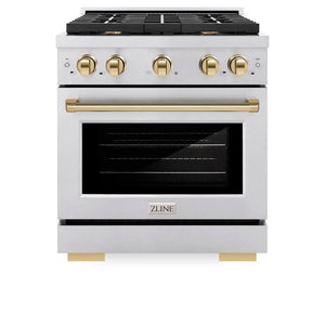 ZLINE Autograph Edition 30 in. 4.2 cu. ft. Paramount Gas Range with 4 Burner Cooktop and Convection Gas Oven in Stainless Steel and Polished Gold Accents (SGRZ-30-G) front, oven closed.