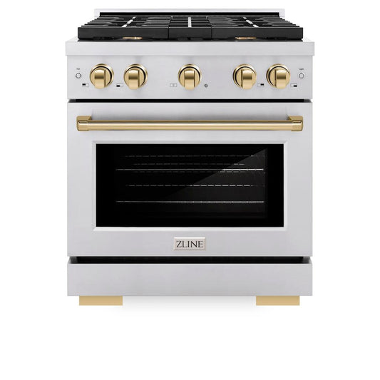 ZLINE Autograph Edition 30 in. 4.2 cu. ft. 4 Burner Gas Range with Convection Gas Oven in Stainless Steel and Polished Gold Accents (SGRZ-30-G) front, oven closed.