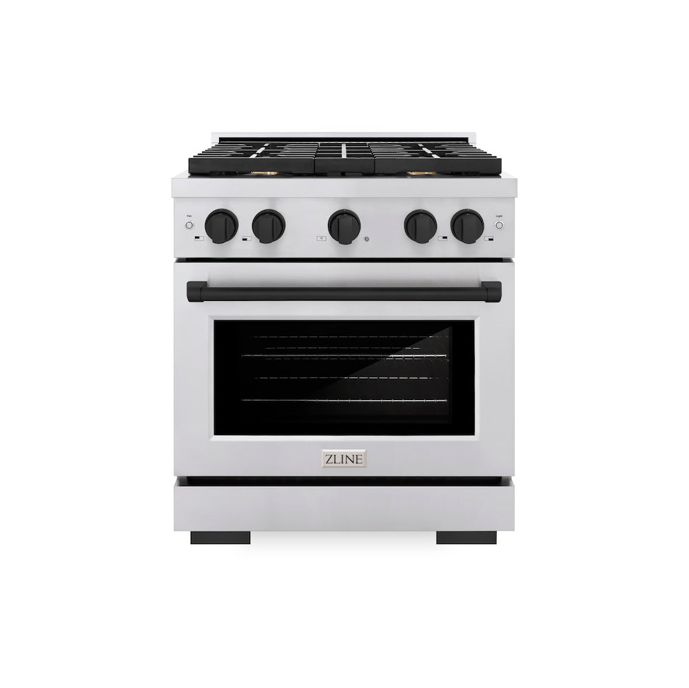 ZLINE Autograph Edition 30 in. 4.2 cu. ft. Paramount Gas Range with 4 Burner Cooktop and Convection Gas Oven in Stainless Steel and Matte Black Accents (SGRZ-30-MB) front.