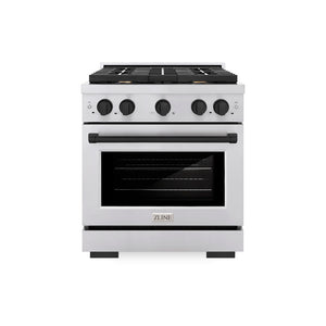 ZLINE Autograph Edition 30 in. 4.2 cu. ft. Paramount Gas Range with 4 Burner Cooktop and Convection Gas Oven in Stainless Steel and Matte Black Accents (SGRZ-30-MB) front.