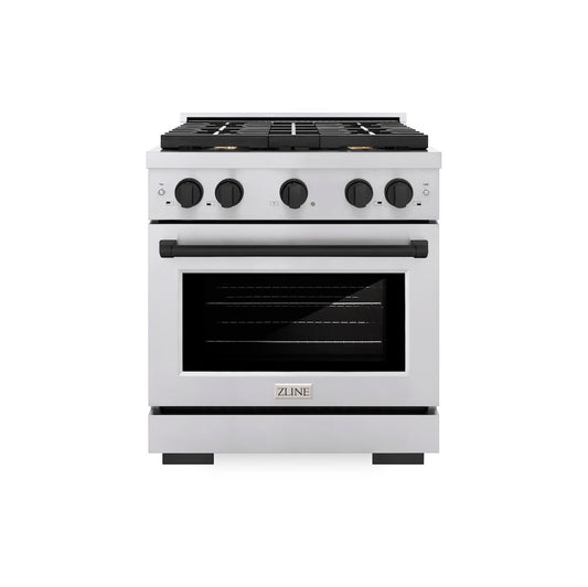ZLINE Autograph Edition 30 in. 4.2 cu. ft. Paramount Gas Range with 4 Burner Cooktop and Convection Gas Oven in Stainless Steel and Matte Black Accents (SGRZ-30-MB) front.