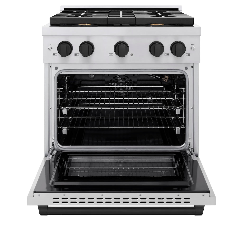 ZLINE Autograph Edition 30 in. 4.2 cu. ft. 4 Burner Gas Range with Convection Gas Oven in Stainless Steel and Matte Black Accents (SGRZ-30-MB) front, with oven open.