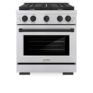 ZLINE Autograph Edition 30 in. 4.2 cu. ft. 4 Burner Gas Range with Convection Gas Oven in Stainless Steel and Matte Black Accents (SGRZ-30-MB) front, oven closed.