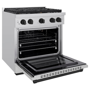ZLINE Autograph Edition 30 in. 4.2 cu. ft. 4 Burner Gas Range with Convection Gas Oven in Stainless Steel and Matte Black Accents (SGRZ-30-MB) side, oven open.