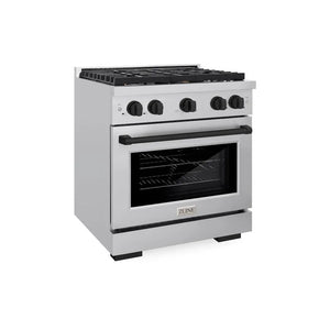 ZLINE Autograph Edition 30 in. 4.2 cu. ft. Paramount Gas Range with 4 Burner Cooktop and Convection Gas Oven in Stainless Steel and Matte Black Accents (SGRZ-30-MB) main image.