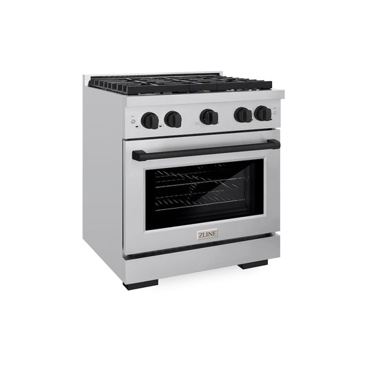 ZLINE Autograph Edition 30 in. 4.2 cu. ft. 4 Burner Gas Range with Convection Gas Oven in Stainless Steel and Matte Black Accents (SGRZ-30-MB) side, oven closed.