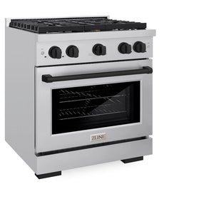 ZLINE Autograph Edition 30 in. 4.2 cu. ft. Paramount Gas Range with 4 Burner Cooktop and Convection Gas Oven in Stainless Steel and Matte Black Accents (SGRZ-30-MB) side, oven closed.