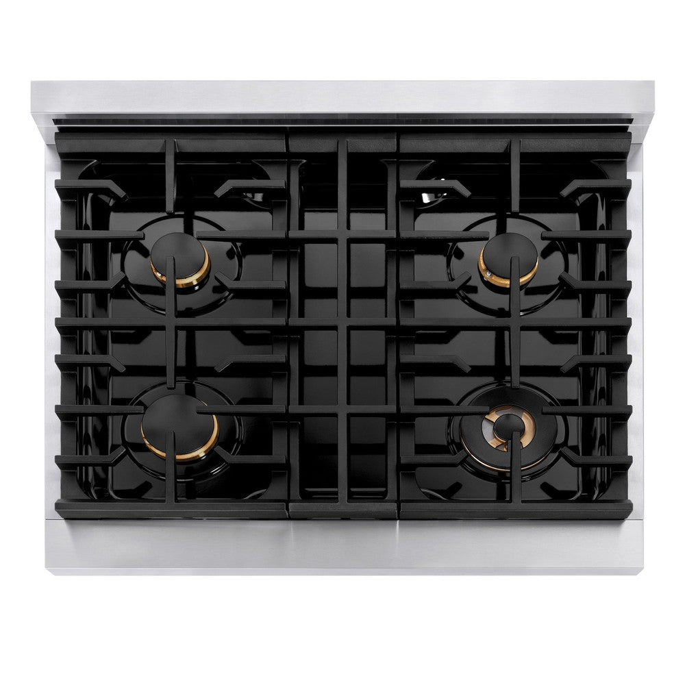 ZLINE Autograph Edition 30 in. 4.2 cu. ft. Paramount Gas Range with 4 Burner Cooktop and Convection Gas Oven in Stainless Steel and Matte Black Accents (SGRZ-30-MB) top-down, above cooktop.