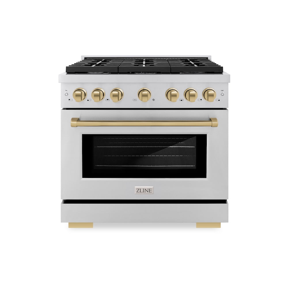 ZLINE Autograph Edition 36 in. 5.2 cu. ft. Paramount Gas Range with 6 Burner Cooktop and Convection Gas Oven in Stainless Steel and Champagne Bronze Accents (SGRZ-36-CB) front.