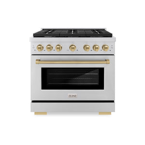 ZLINE Autograph Edition 36 in. 5.2 cu. ft. Paramount Gas Range with 6 Burner Cooktop and Convection Gas Oven in Stainless Steel and Champagne Bronze Accents (SGRZ-36-CB) front.