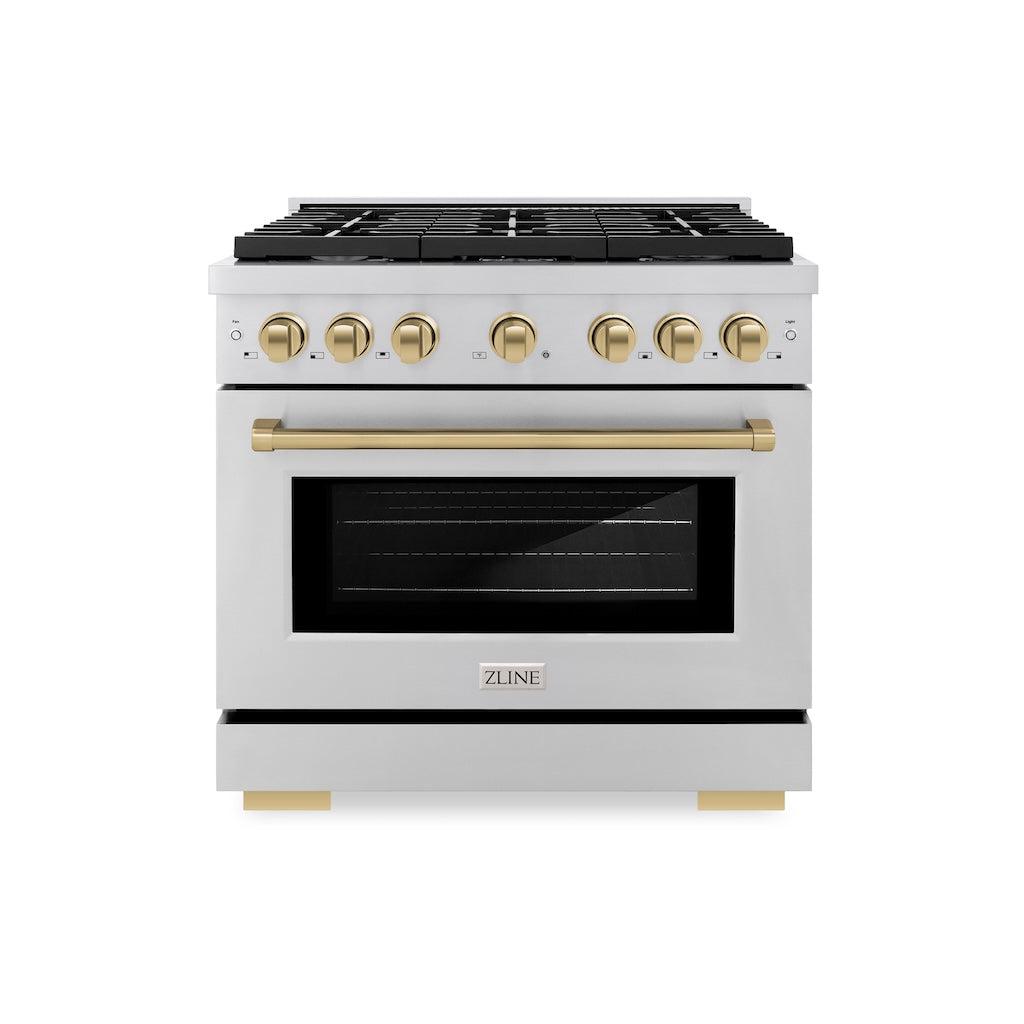ZLINE Autograph Edition 36 in. 5.2 cu. ft. 6 Burner Gas Range with Convection Gas Oven in Stainless Steel and Champagne Bronze Accents (SGRZ-36-CB) front, oven closed.