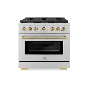 ZLINE Autograph Edition 36 in. 5.2 cu. ft. Paramount Gas Range with 6 Burner Cooktop and Convection Gas Oven in Stainless Steel and Champagne Bronze Accents (SGRZ-36-CB) front, oven closed.