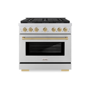 ZLINE Autograph Edition 36 in. 5.2 cu. ft. 6 Burner Gas Range with Convection Gas Oven in Stainless Steel and Champagne Bronze Accents (SGRZ-36-CB) front, oven closed.