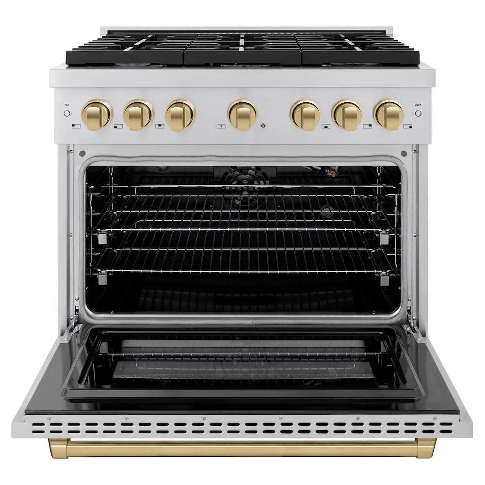 ZLINE Autograph Edition 36 in. 5.2 cu. ft. Paramount Gas Range with 6 Burner Cooktop and Convection Gas Oven in Stainless Steel and Champagne Bronze Accents (SGRZ-36-CB) front, oven open.
