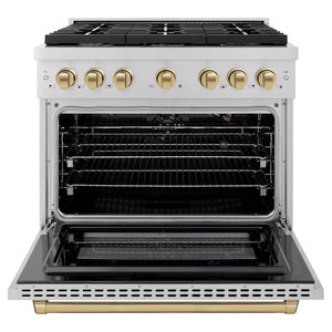 ZLINE Autograph Edition 36 in. 5.2 cu. ft. Paramount Gas Range with 6 Burner Cooktop and Convection Gas Oven in Stainless Steel and Champagne Bronze Accents (SGRZ-36-CB) front, oven open.