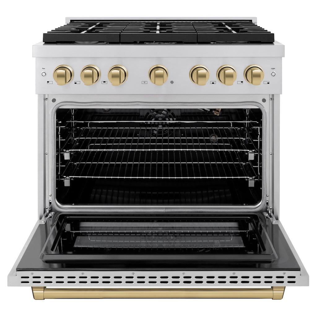 ZLINE Autograph Edition 36 in. 5.2 cu. ft. 6 Burner Gas Range with Convection Gas Oven in Stainless Steel and Champagne Bronze Accents (SGRZ-36-CB) front, with oven open.