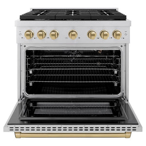 ZLINE Autograph Edition 36 in. 5.2 cu. ft. Paramount Gas Range with 6 Burner Cooktop and Convection Gas Oven in Stainless Steel and Champagne Bronze Accents (SGRZ-36-CB) front, open.