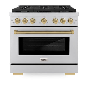 ZLINE Autograph Edition 36 in. 5.2 cu. ft. 6 Burner Gas Range with Convection Gas Oven in Stainless Steel and Champagne Bronze Accents (SGRZ-36-CB) front, oven closed.