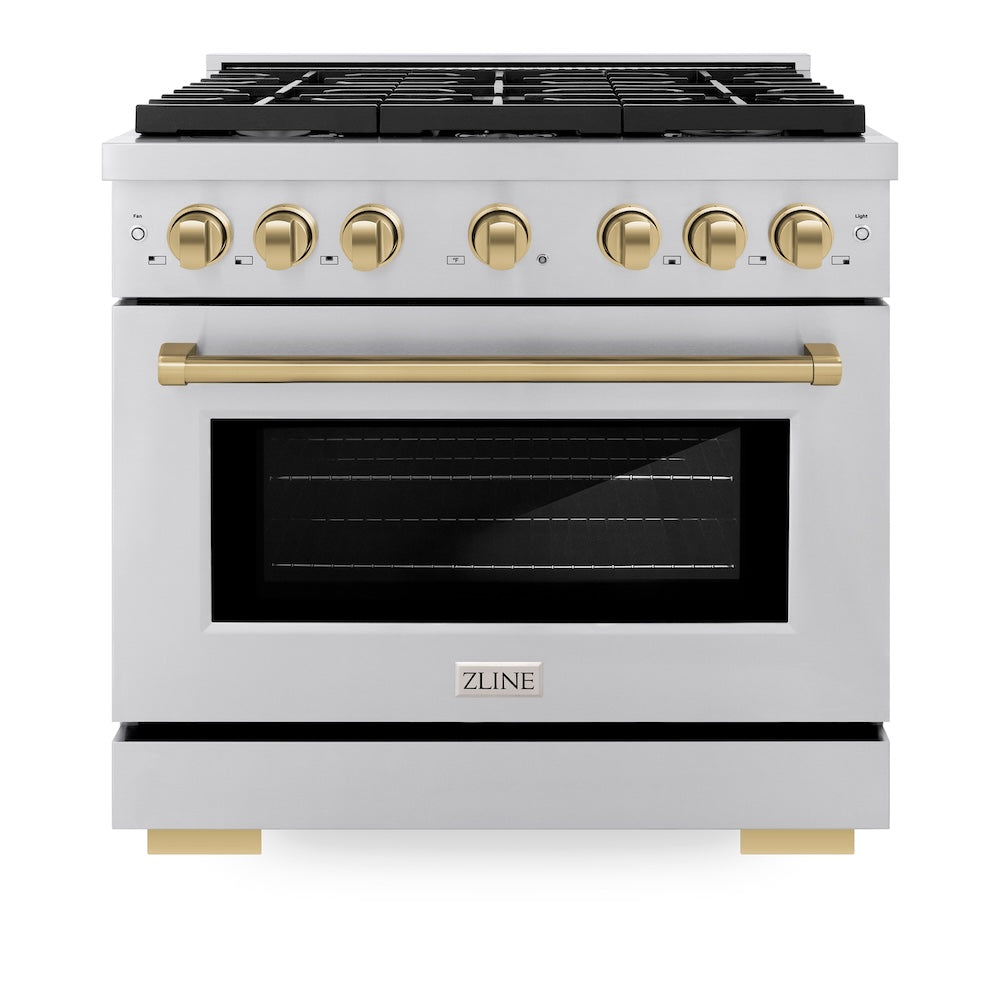 ZLINE Autograph Edition 36 in. 5.2 cu. ft. Paramount Gas Range with 6 Burner Cooktop and Convection Gas Oven in Stainless Steel and Champagne Bronze Accents (SGRZ-36-CB) front, oven closed.