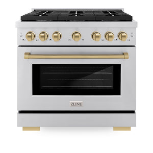ZLINE Autograph Edition 36 in. 5.2 cu. ft. Paramount Gas Range with 6 Burner Cooktop and Convection Gas Oven in Stainless Steel and Champagne Bronze Accents (SGRZ-36-CB) front, oven closed.