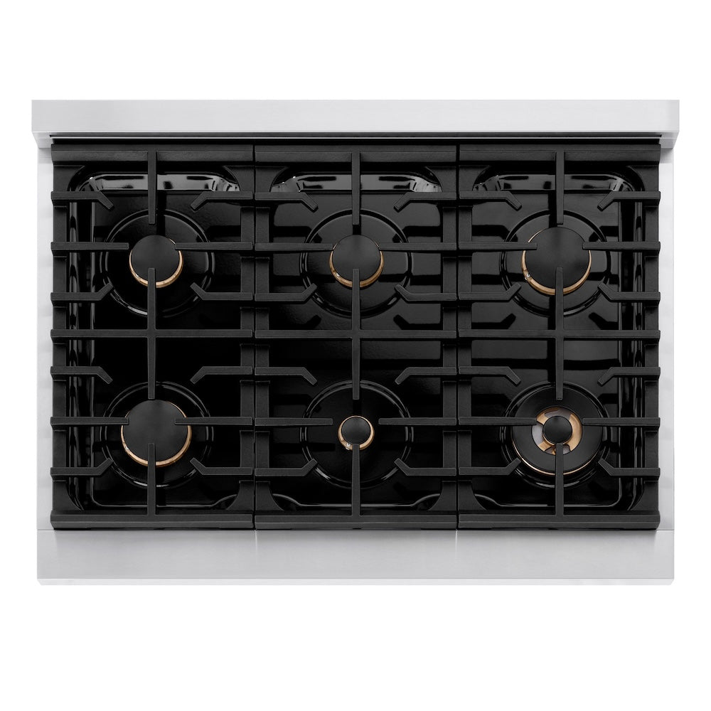 ZLINE Autograph Edition 36 in. 5.2 cu. ft. Paramount Gas Range with 6 Burner Cooktop and Convection Gas Oven in Stainless Steel and Champagne Bronze Accents (SGRZ-36-CB) top-down, above cooktop.