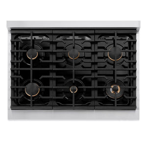 ZLINE Autograph Edition 36 in. 5.2 cu. ft. Paramount Gas Range with 6 Burner Cooktop and Convection Gas Oven in Stainless Steel and Champagne Bronze Accents (SGRZ-36-CB) top-down, above cooktop.