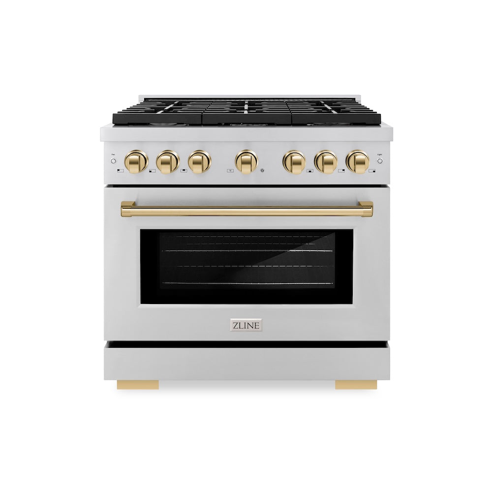 ZLINE Autograph Edition 36 in. 5.2 cu. ft. Paramount Gas Range with 6 Burner Cooktop and Convection Gas Oven in Stainless Steel and Polished Gold Accents (SGRZ-36-G) front.