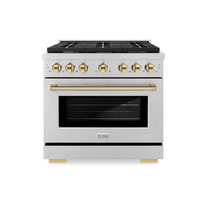 ZLINE Autograph Edition 36 in. 5.2 cu. ft. Paramount Gas Range with 6 Burner Cooktop and Convection Gas Oven in Stainless Steel and Polished Gold Accents (SGRZ-36-G) front.