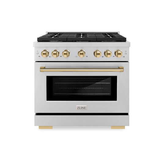 ZLINE Autograph Edition 36 in. 5.2 cu. ft. Paramount Gas Range with 6 Burner Cooktop and Convection Gas Oven in Stainless Steel and Polished Gold Accents (SGRZ-36-G) front.