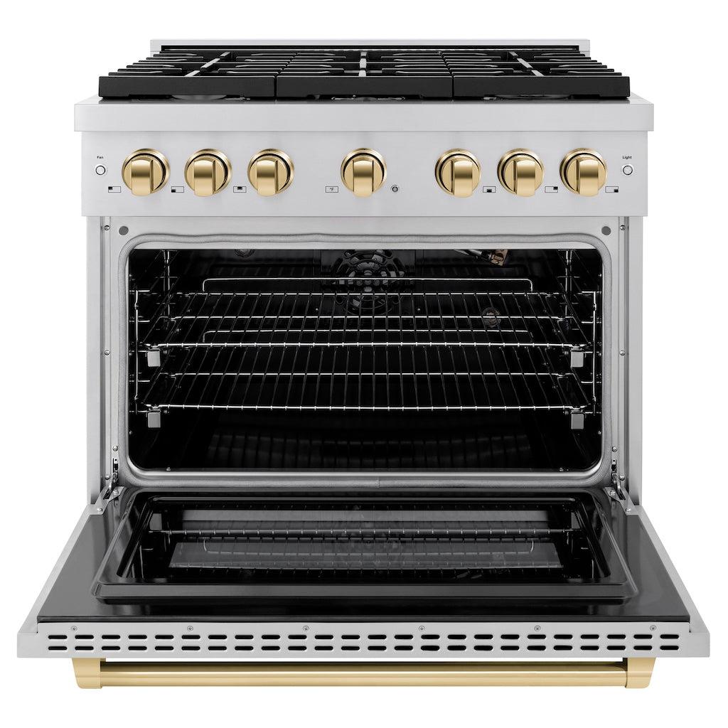 ZLINE Autograph Edition 36 in. 5.2 cu. ft. 6 Burner Gas Range with Convection Gas Oven in Stainless Steel and Polished Gold Accents (SGRZ-36-G) front, with oven open.