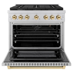 ZLINE Autograph Edition 36 in. 5.2 cu. ft. Paramount Gas Range with 6 Burner Cooktop and Convection Gas Oven in Stainless Steel and Polished Gold Accents (SGRZ-36-G) front, open.