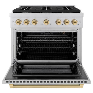 ZLINE Autograph Edition 36 in. 5.2 cu. ft. 6 Burner Gas Range with Convection Gas Oven in Stainless Steel and Polished Gold Accents (SGRZ-36-G) front, with oven open.