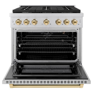 ZLINE Autograph Edition 36 in. 5.2 cu. ft. 6 Burner Gas Range with Convection Gas Oven in Stainless Steel and Polished Gold Accents (SGRZ-36-G) front, oven open.